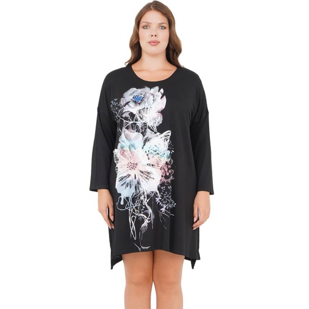 Designer Bright Black and White Rhinestone Tunic X XXL with Floral Accents